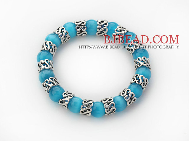 10mm Round Lake Blue Color Cats Eye and Tibet Silver Spacer Ring Accessories Stretch Bracelet