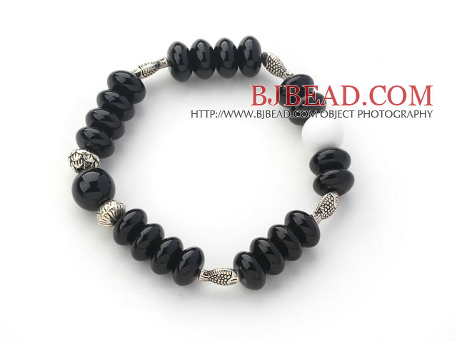 Abacus Shape Black Agate Stretch Bangle Bracelet with Tibet Silver Accessories