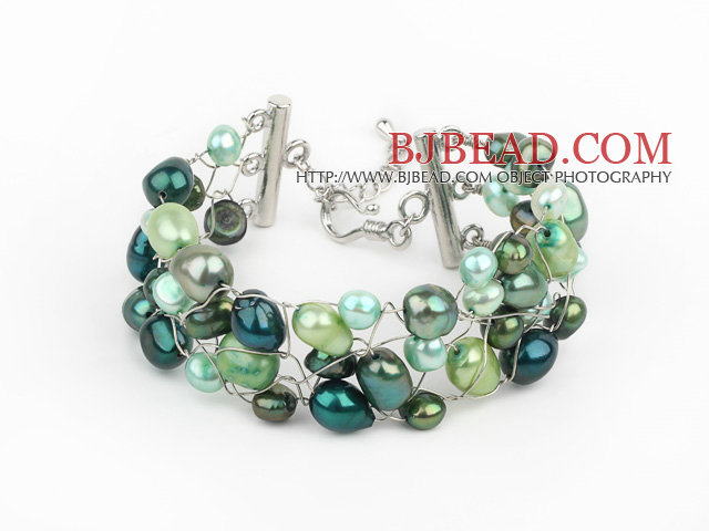 2013 Summer New Design Green Series Freshwater Pearl Crocheted Metal Wire Bracelet with Extendable Chain