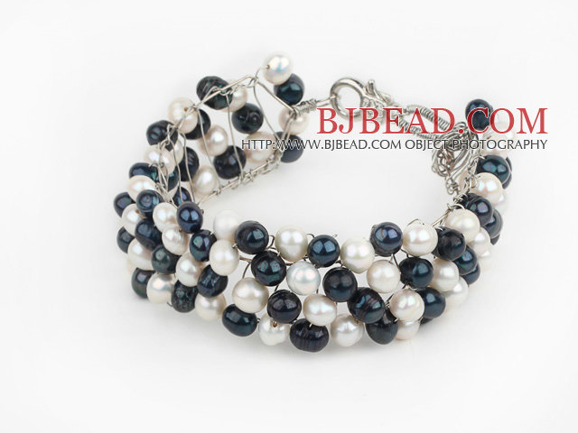 2013 Summer New Design White and Black Freshwater Pearl Crocheted Metal Wire Cuff Bracelet