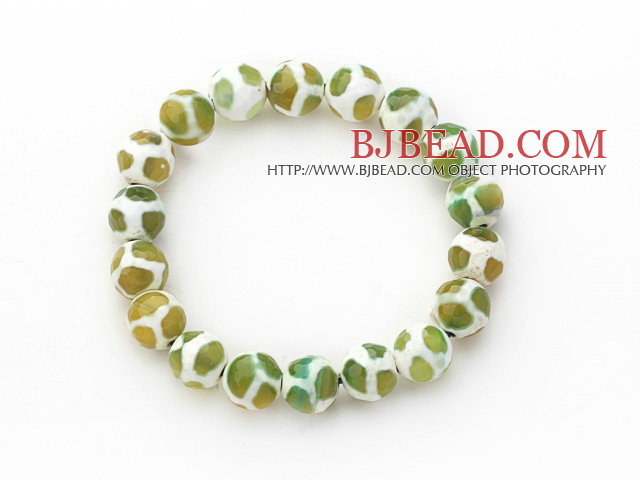 10mm Round White and Green Pattern Fire Agate Stretch Beaded Bangle Bracelet