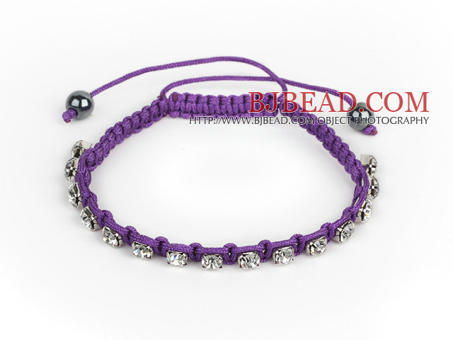 5 Pieces Purple Thread and White Square Shape Rhinestone and Hematite Woven Adjustable Drawstring Bracelets
