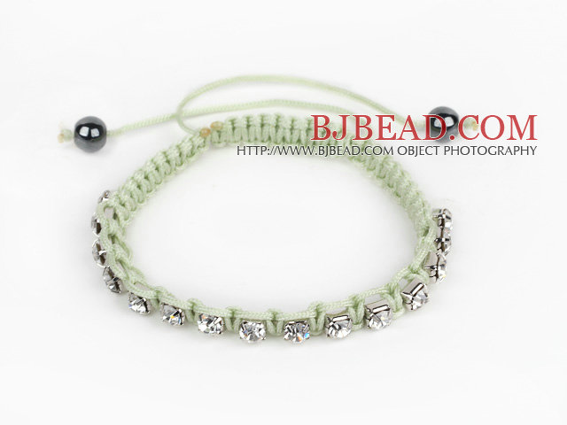 5 Pieces Light Green Thread and White Square Shape Rhinestone and Hematite Woven Adjustable Drawstring Bracelets