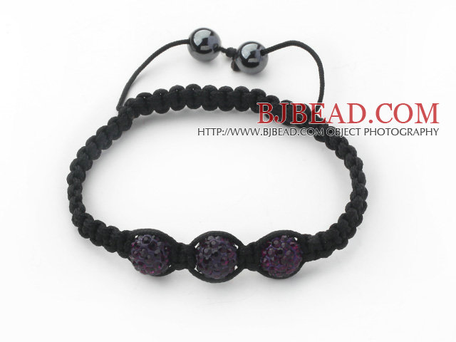 3 Pieces Round Dark Purple Rhinestone Ball and Hematite and Black Thread Woven Adjustable Drawstring Bracelets ( Total 3 Pieces Bracelets)