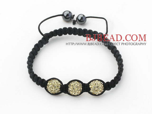 3 Pieces Round Golden Champagne Rhinestone Ball and Hematite and Black Thread Woven Adjustable Drawstring Bracelets ( Total 3 Pieces Bracelets)