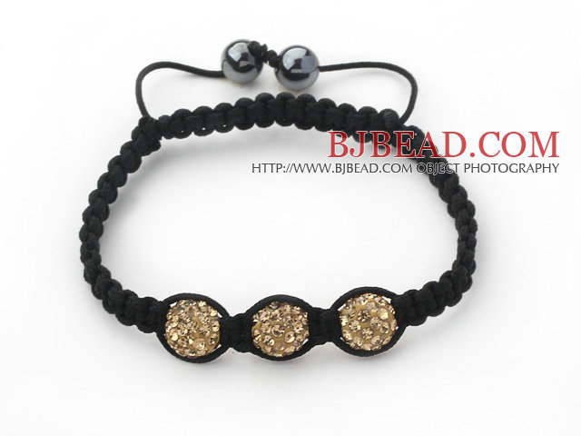 3 Pieces Round Yellow Brown Rhinestone Ball and Hematite and Black Thread Woven Adjustable Drawstring Bracelets ( Total 3 Pieces Bracelets)