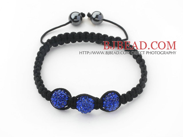 3 Pieces Round Dark Blue Rhinestone Ball and Hematite and Black Thread Woven Adjustable Drawstring Bracelets ( Total 3 Pieces Bracelets)