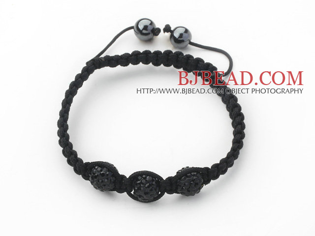3 Pieces Round Black Rhinestone Ball and Hematite and Black Thread Woven Adjustable Drawstring Bracelets ( Total 3 Pieces Bracelets)