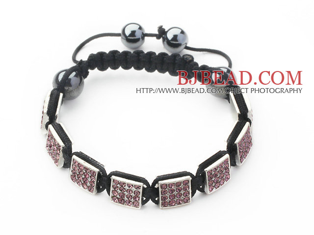 Square Shape Light Purple Color Rhinestone Sheet and Hematite and Black Thread Woven Adjustable Drawstring Bracelet