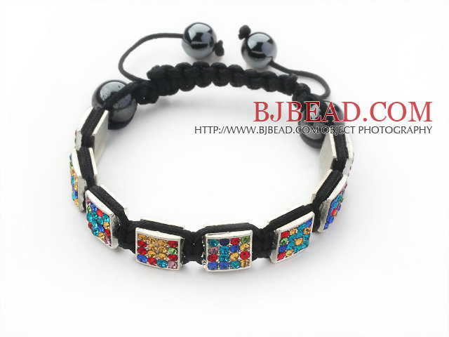 Square Shape Multi Color Rhinestone Sheet and Hematite and Black Thread Woven Adjustable Drawstring Bracelet