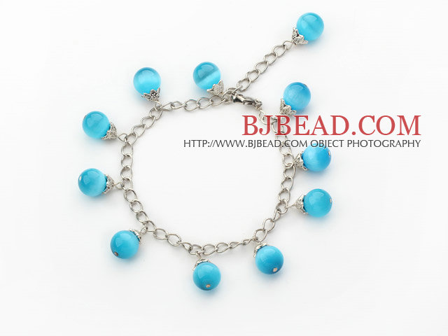 Single Strand Sky Blue Cats Eye Bracelet with Metal Extendable Chain