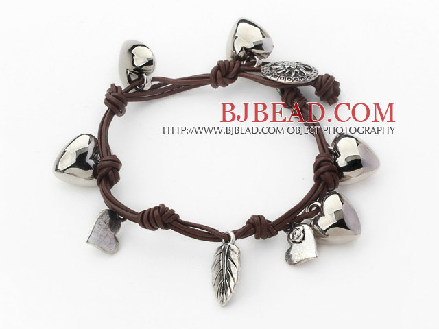 5 Pieces Brown Leather Bracelets with Heart Shape Metal Accessories and Metal Clasp