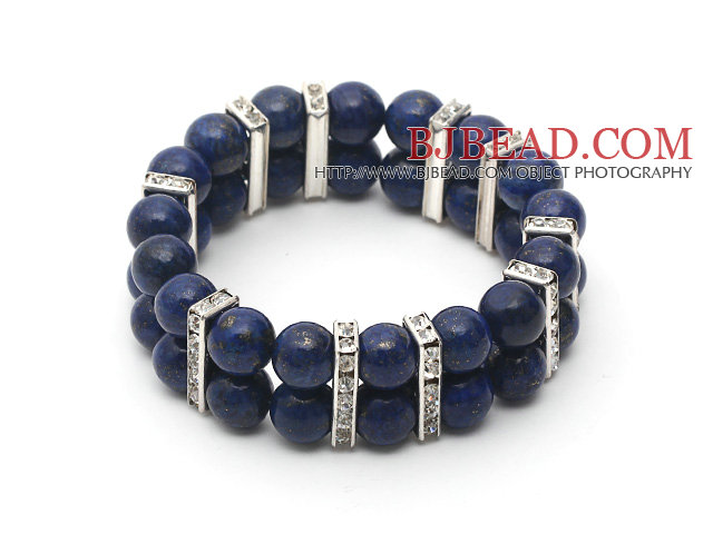 Two Rows Round 10mm Lapis Stretch Bangle Bracelet with Rhinestone Accessories