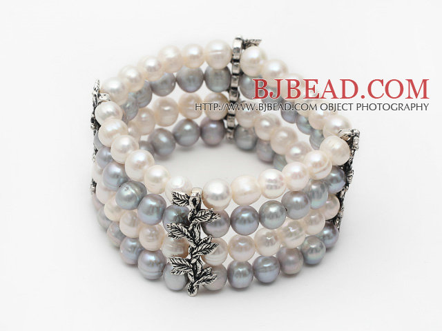 Four Rows 7-8mm Gray and White Round Freshwater Pearl Stretch Bangle Bracelet with Metal Leaf Accessories