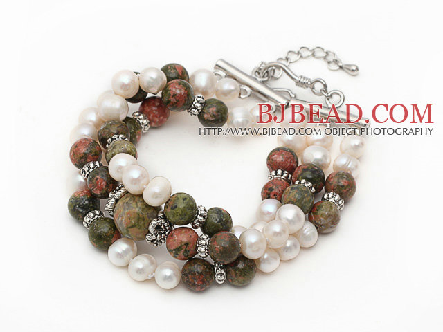Three Strands White Freshwater Pearl and Green Piebald Stone Bracelet with Extendable Chain