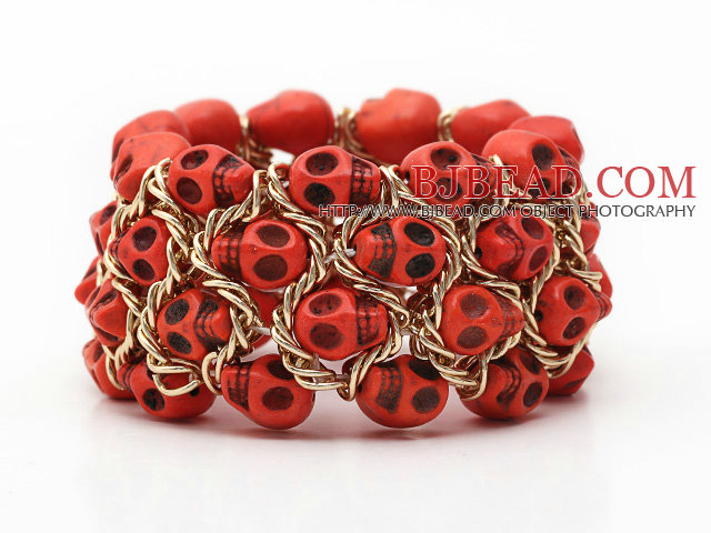 Fashion Style Dyed Orange Red Turquoise Skull Stretch Cuff Bracelet with Yellow Color Metal Chain