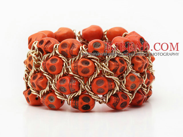 Fashion Style Dyed Orange Yellow Turquoise Skull Stretch Cuff Bracelet with Yellow Color Metal Chain