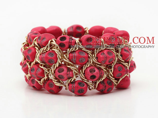 Fashion Style Dyed Hot Pink Turquoise Skull Stretch Cuff Bracelet with Yellow Color Metal Chain