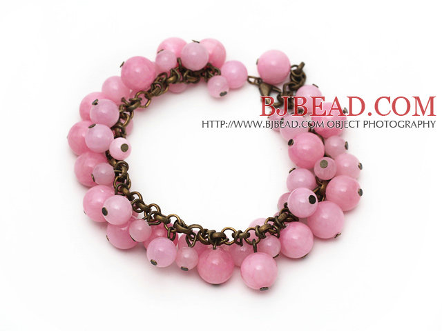 Pink Color Round Candy Jade Bracelet with Bronze Chain