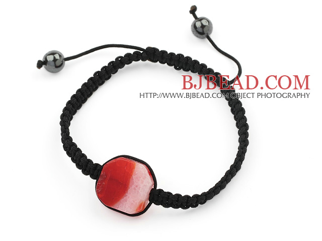 Simple Design Fillet Square Shape Red Burst Pattern Agate and Hematite Beads Adjustable Drawstring Bracelet