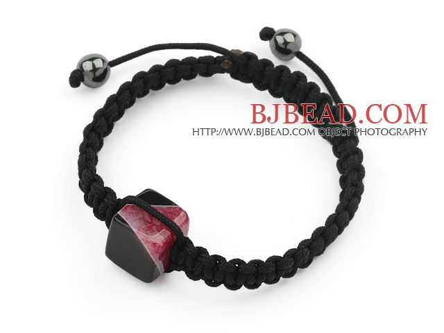 Simple Design Square Shape Black and Purple Brazil Striped Agate and Hematite Beads Adjustable Drawstring Bracelet