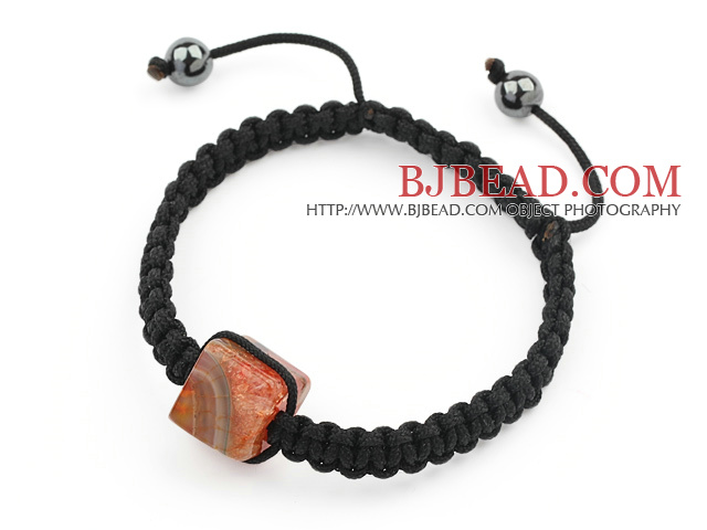 Simple Design Square Shape Orange Color Striped Agate and Hematite Beads Adjustable Drawstring Bracelet