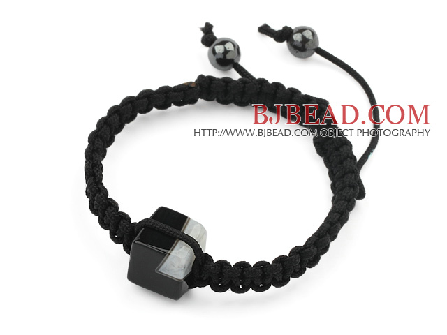 Simple Design Square Shape Black Brazil Striped Agate and Hematite Beads Adjustable Drawstring Bracelet