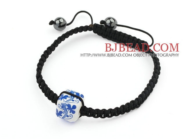 Simple Design Square Shape Blue and White Porcelain and Hematite Beads Adjustable Drawstring Bracelet