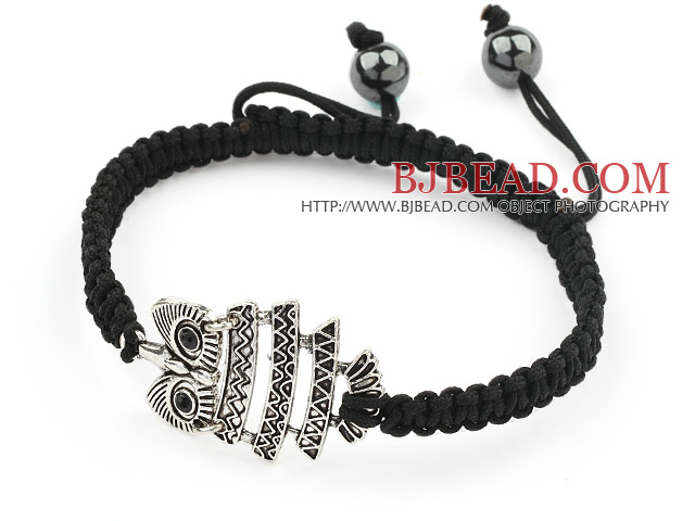 Simple Design Alloy Owl Shape and Hematite Beads Adjustable Drawstring Bracelet