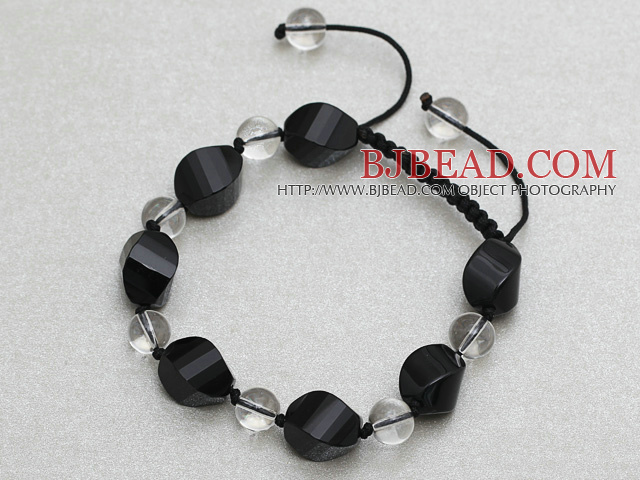 Black Series Black Agate and Clear Crystal Knotted Adjustable Drawstring Bracelet