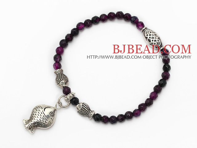 faceted round purple agate and tibet silver fish charm beaded bracelet