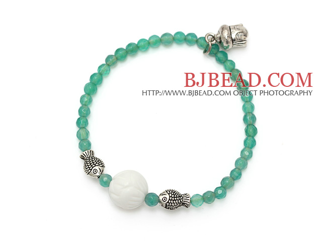 elegant round green agate white sea shell and tibet silver buddhu head fish charm beads bracelet