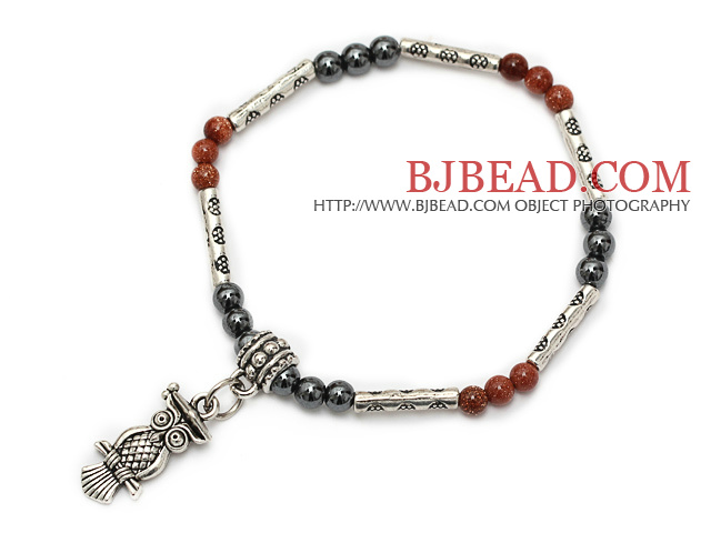 fashion round goldstone and tungsten steel stone and tibet silver owl tube charm bracelet