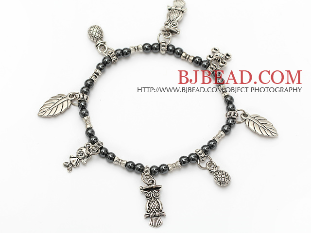 nice round tungsten steel and multi tibet silver leaf lucky bag owl charm bracelet