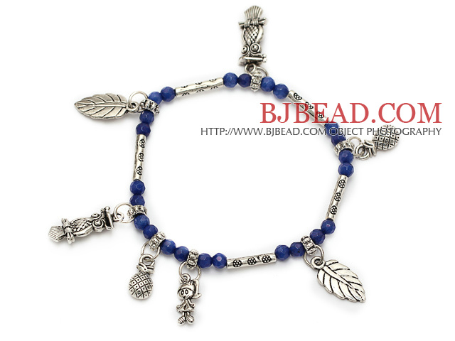 round faceted blue jade and tibet silver leaf lucky bag and owl charm beads bracelet