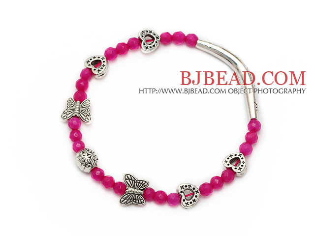 Lovely Pink Faceted Round Pink Jade And Tibet Silver Tube Butterfly Peach Heart Charm Bracelet