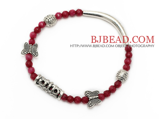 faceted round red jade and tibet silver tube butterfly charm beads bracelet