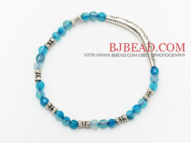 faceted 4mm blue agate and tibet silver tube charm beads bracelet