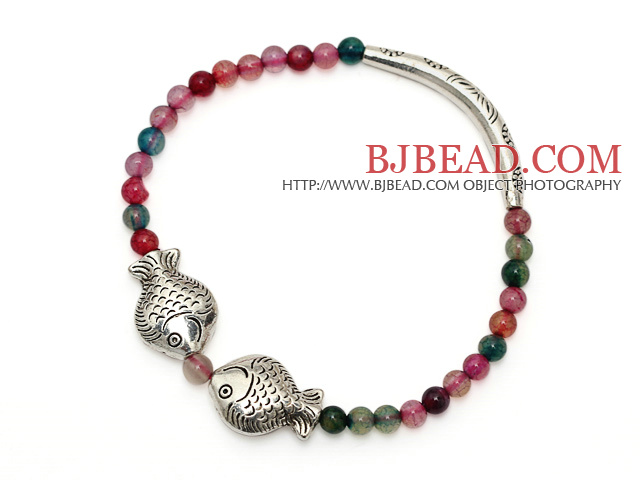 Round Colorful Agate and tibet silver double fishes tube charm bracelet