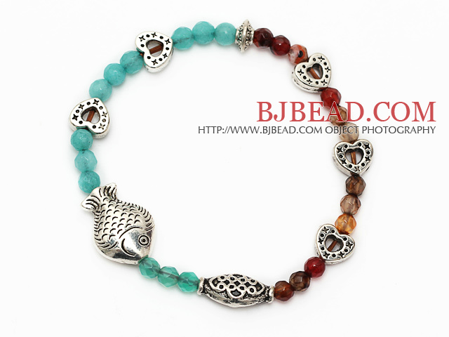 beautiful round blue jade and multi agate tibet silver fish heart charm beads bracelet