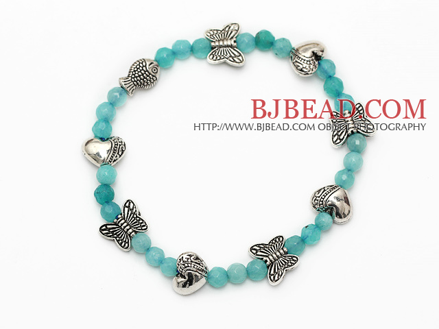 fashion round blue jade and tibet silver heart fish butterfly charm beads bracelet