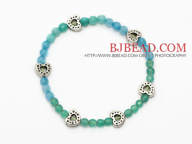 fashion round blue jade green agate and tibet silver heart charm beads bracelet