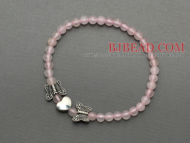 lovely 4-10mm round rose quartz and tibet silver butterfly heart charm beads bracelet