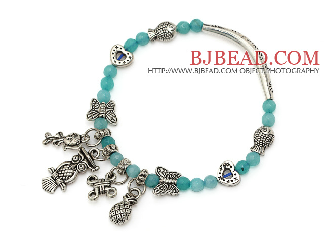 nice 4mm blue jade and multi tibet silver fish butterfly heart bag owl charm beaded bracelet