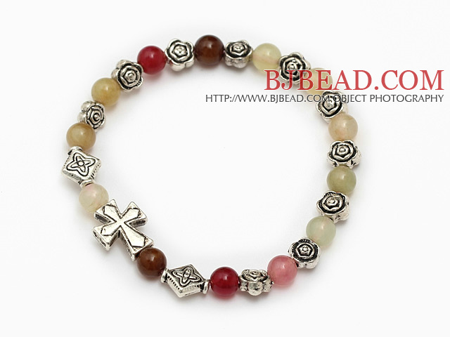 lovely 6mm three color jade and tibet silver flower cross charm beads bracelet