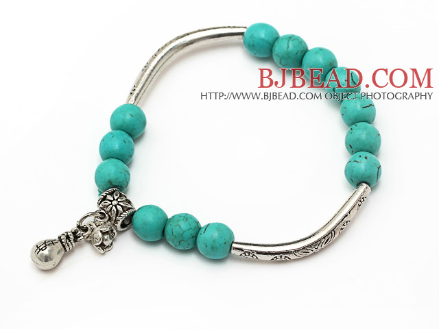 lovely 8mm round green turquoise and tibet silver tube bag charm beads bracelet
