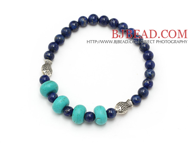 fashion round lapis and abacus blue turquoise tibet silver fish charm beads bracelet