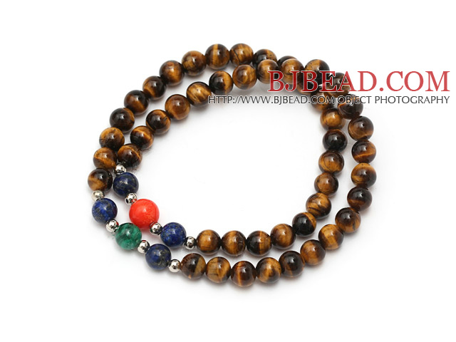 nice round tiger eye lapis peacock and red coral beaded elastic bracelet