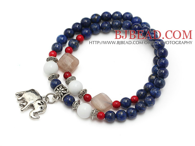 beautiful round lapis white sea shell sunstone and bloodstone beaded bracelet with elephant pendant