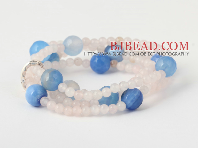 Charming Multilayer Round Pink Jade And Faceted Blue Agate Beaded Stretch Bracelet